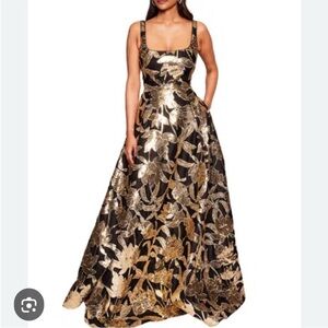 Marchesa Notte Black and Gold Lotus Gown